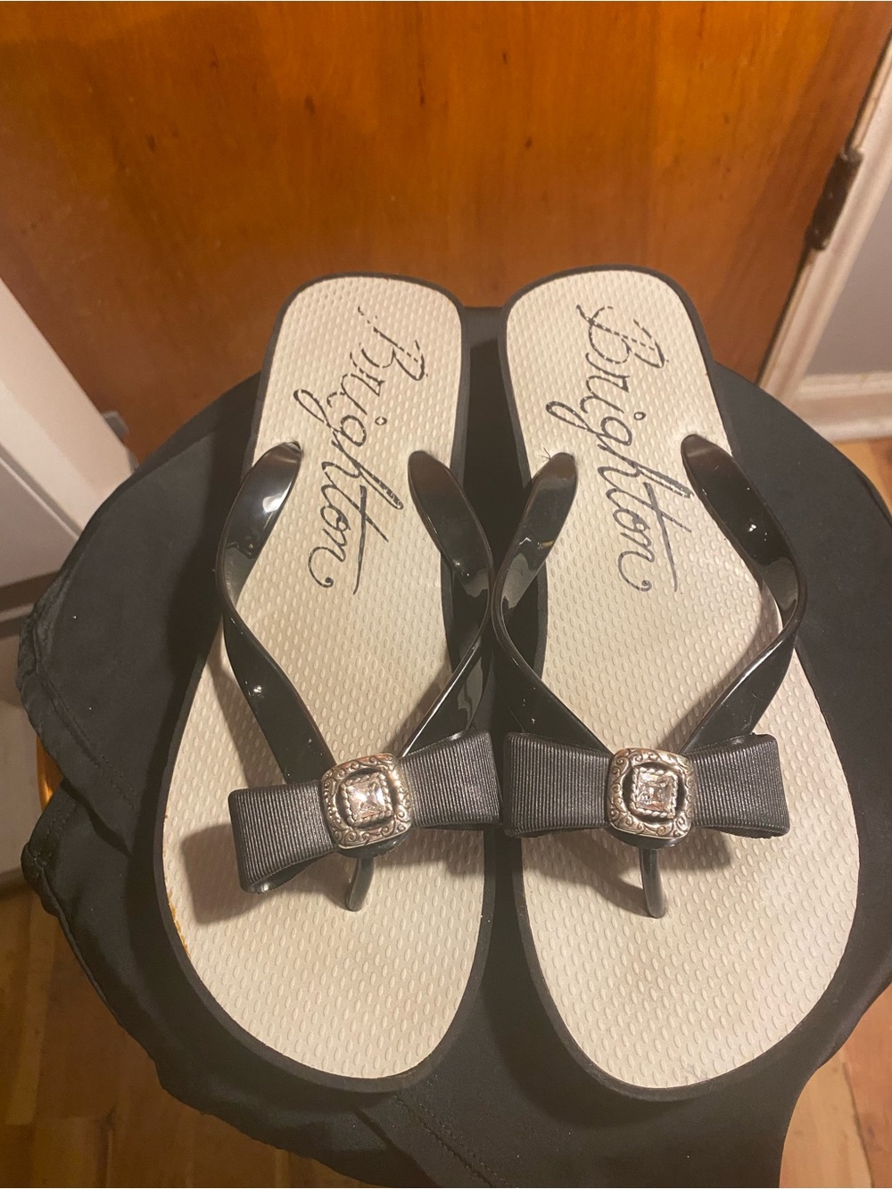 Brighton Black Bow Sandals with Jeweled Accent